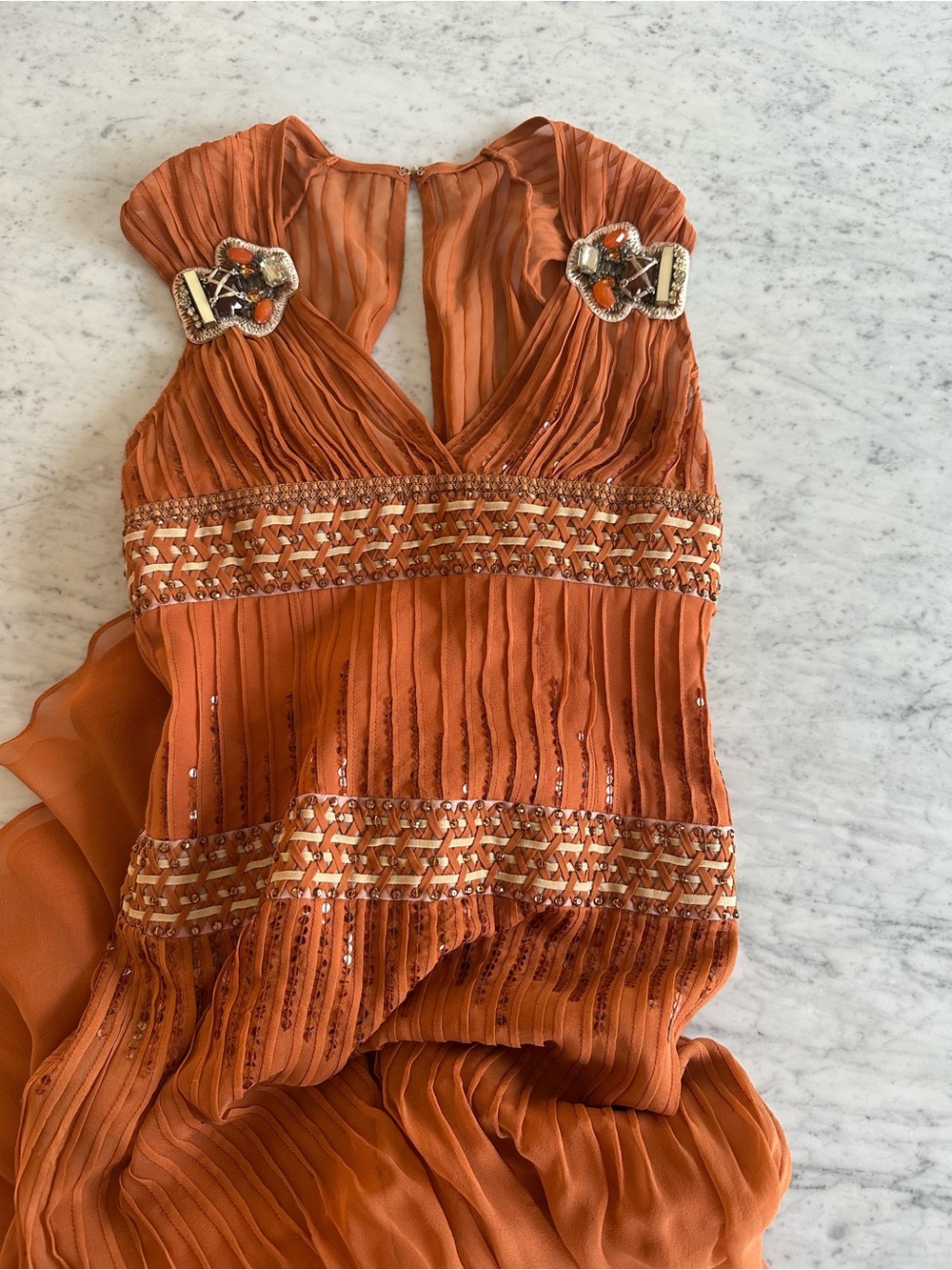 Carolina Herrera Orange Embellished Chiffon Gown Detail